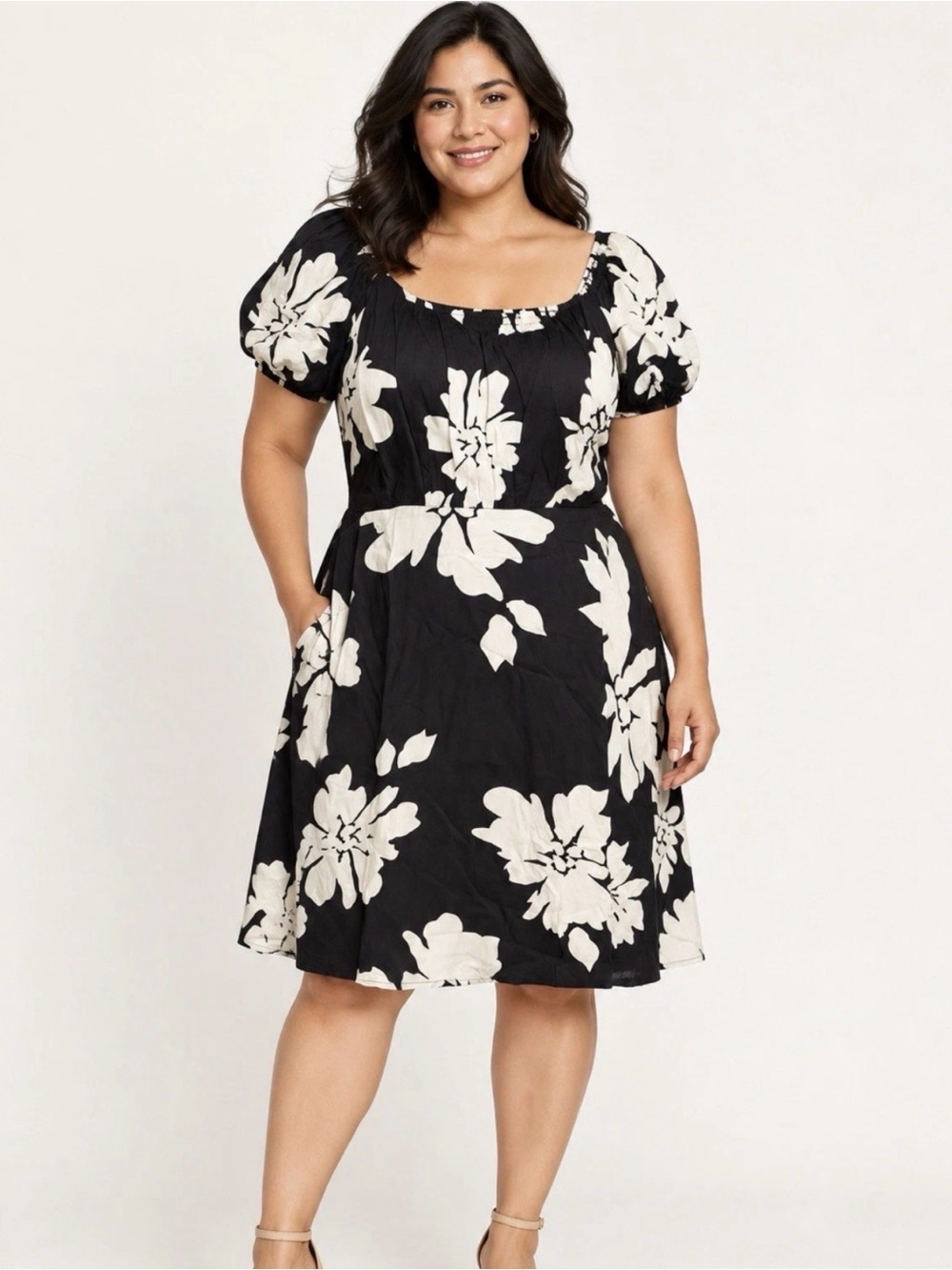 Anybody Dress Size: L Black Floral Puff Sleeve Smocked Pockets Modal A648739 New